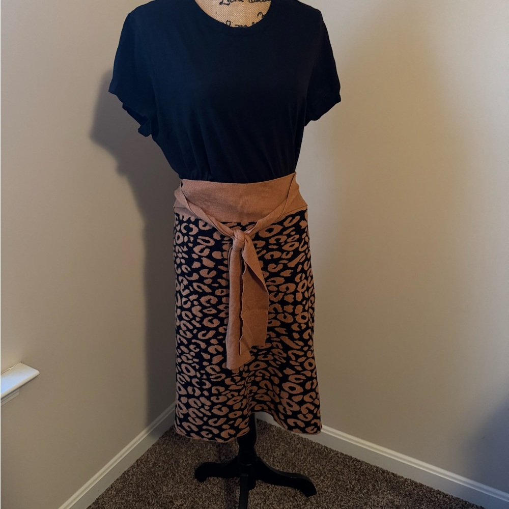 THML Black and Brown Leopard Midi Skirt